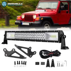 Cvg70156 Ironwalls 22 Inch Tri-row Led Light Bar And Hood Mount Bracket Kit For Jeep Wrangler Tj 97-2006