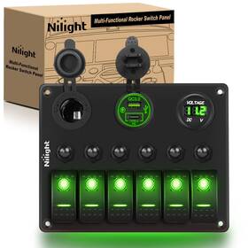 Nilight 90519g Panel Switch 6 Gang Waterproof Type C Usb 12v 24v Green Rocker Pre-wired