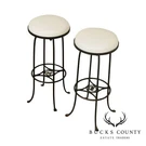 Custom Pair Of Vintage Wrought Iron And Vinyl Patio Bar Stools. Fixed Price $795.00.